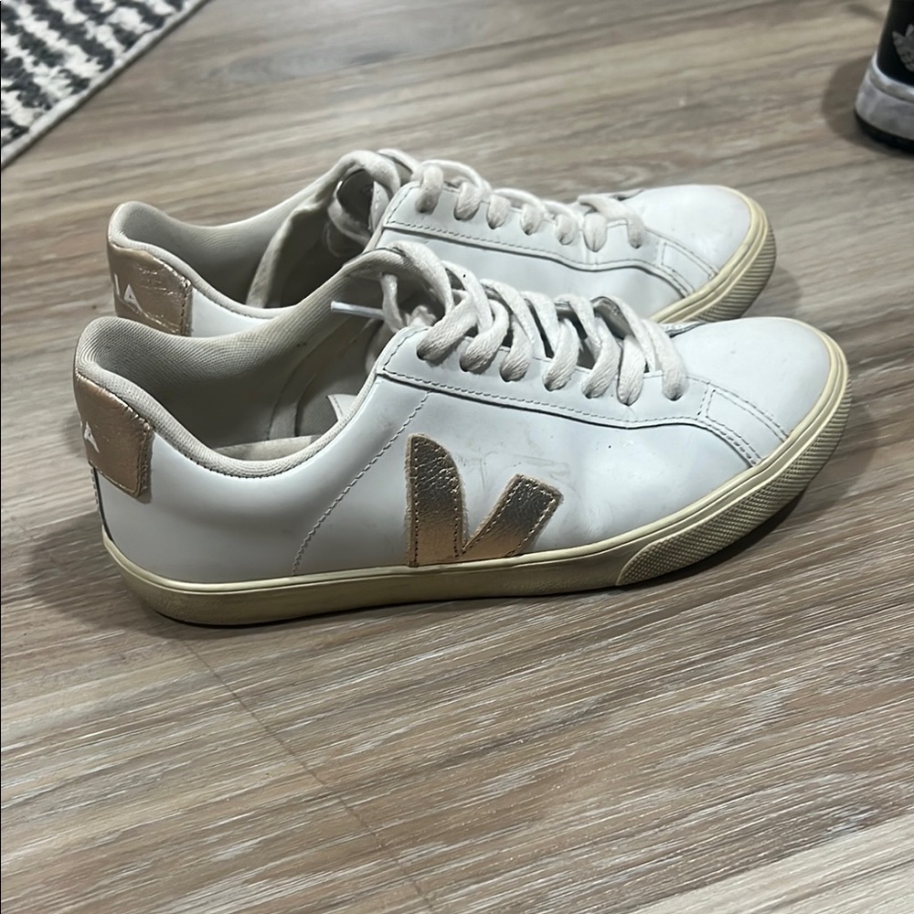 Veja Women's White And Gold Sneakers